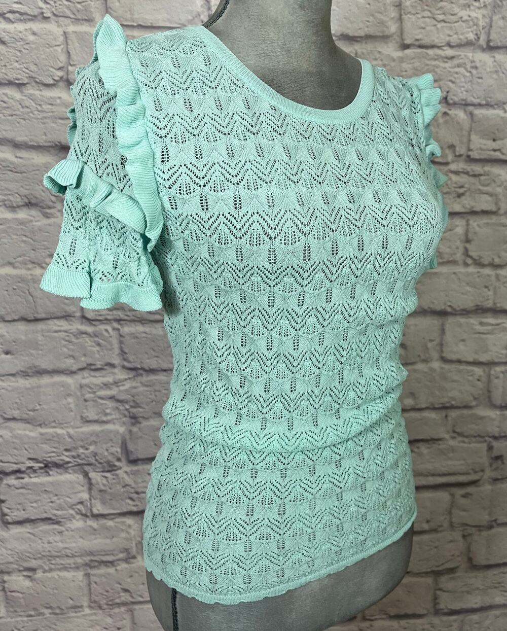 Zara Light Turquoise/Mint Green Open Weave Pointelle Blouse with Ruffle Sleeves